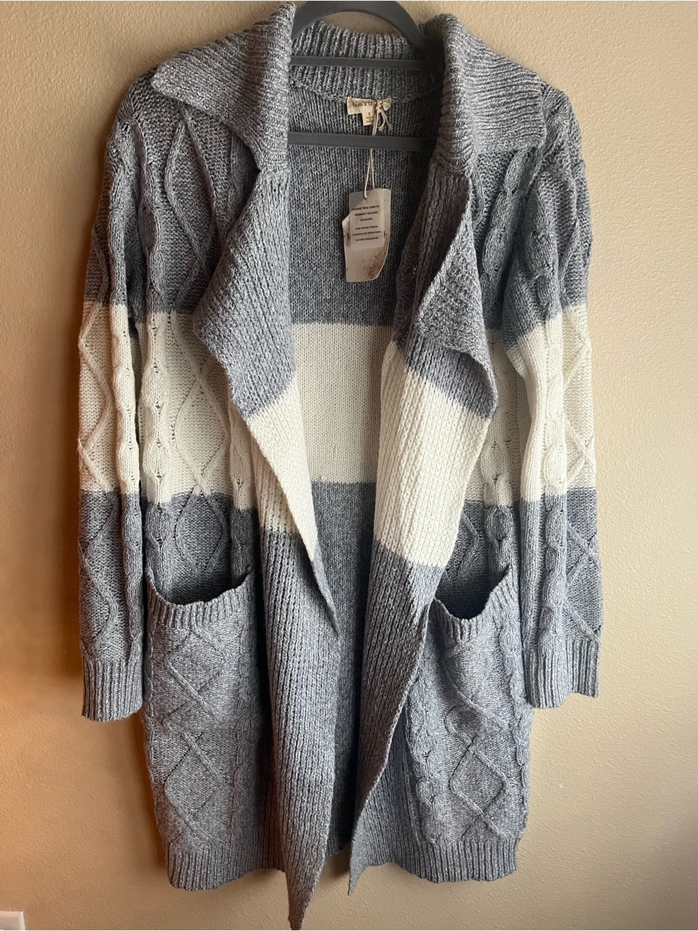 Hem & Thread Gray and Cream Open-Front Cable Cardigan